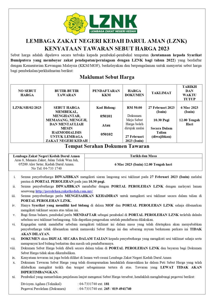 Tender / Sebutharga (Jabatan Negeri) – Portal Rasmi Kerajaan Negeri Kedah