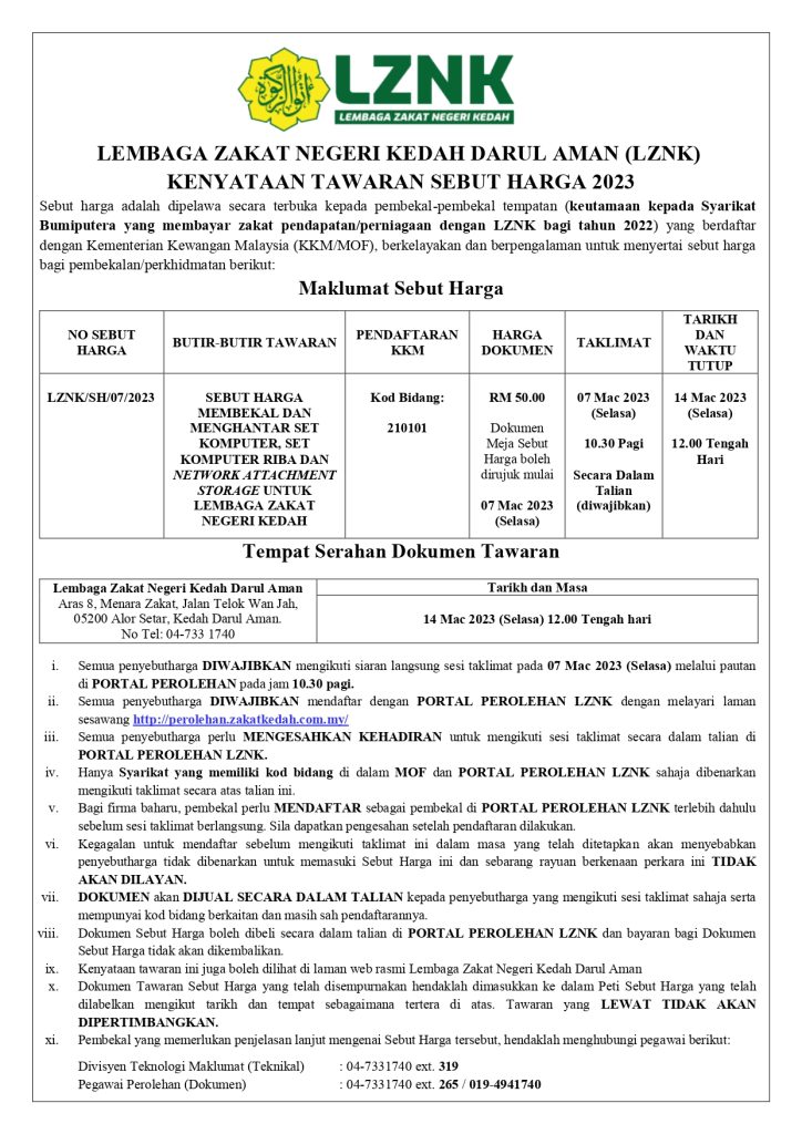 Tender / Sebutharga (Jabatan Negeri) – Portal Rasmi Kerajaan Negeri Kedah